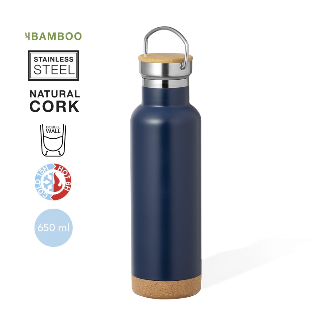 A drink bottle in navy blue, made of stainless steel with a natural cork bottom and a metal lid. It features a logo. Dixont Insulated Bottle - Image 1
