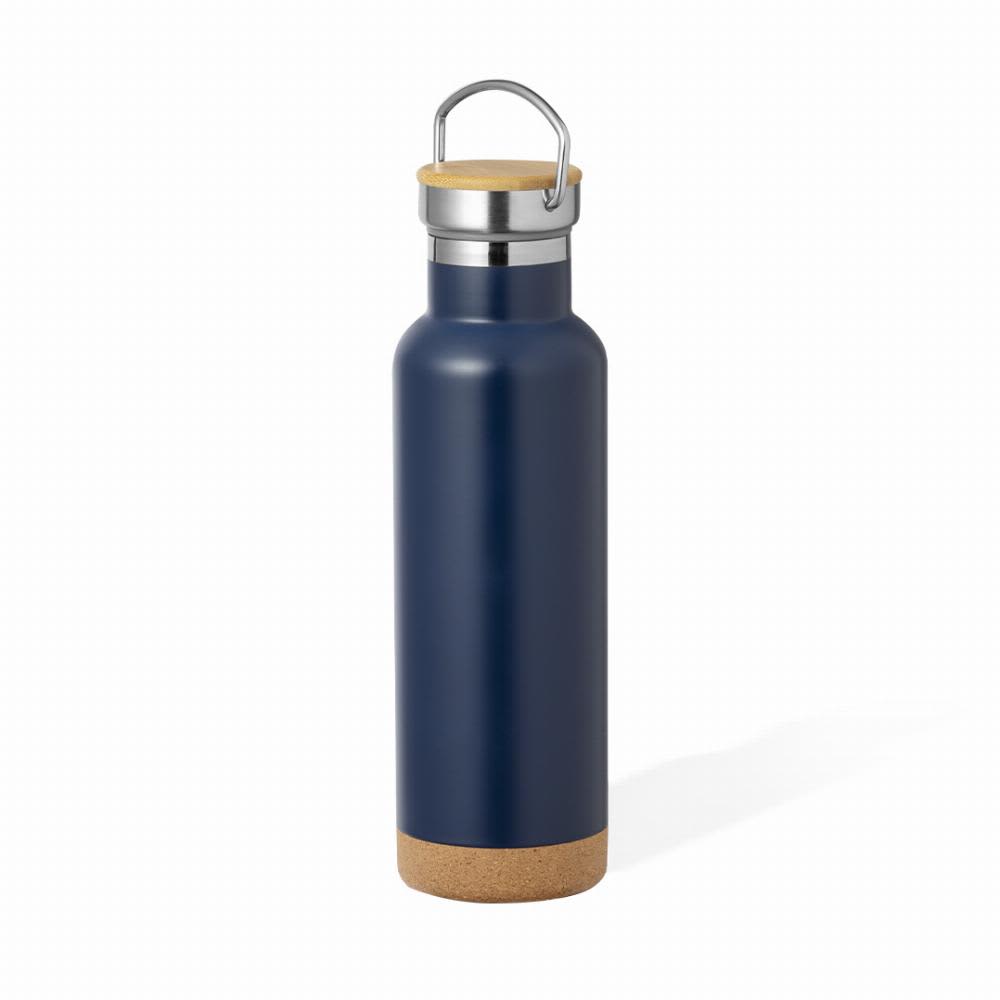 A drink bottle in navy blue with a silver lid and cork base, featuring a handle and a branding logo. Dixont - Image 1
