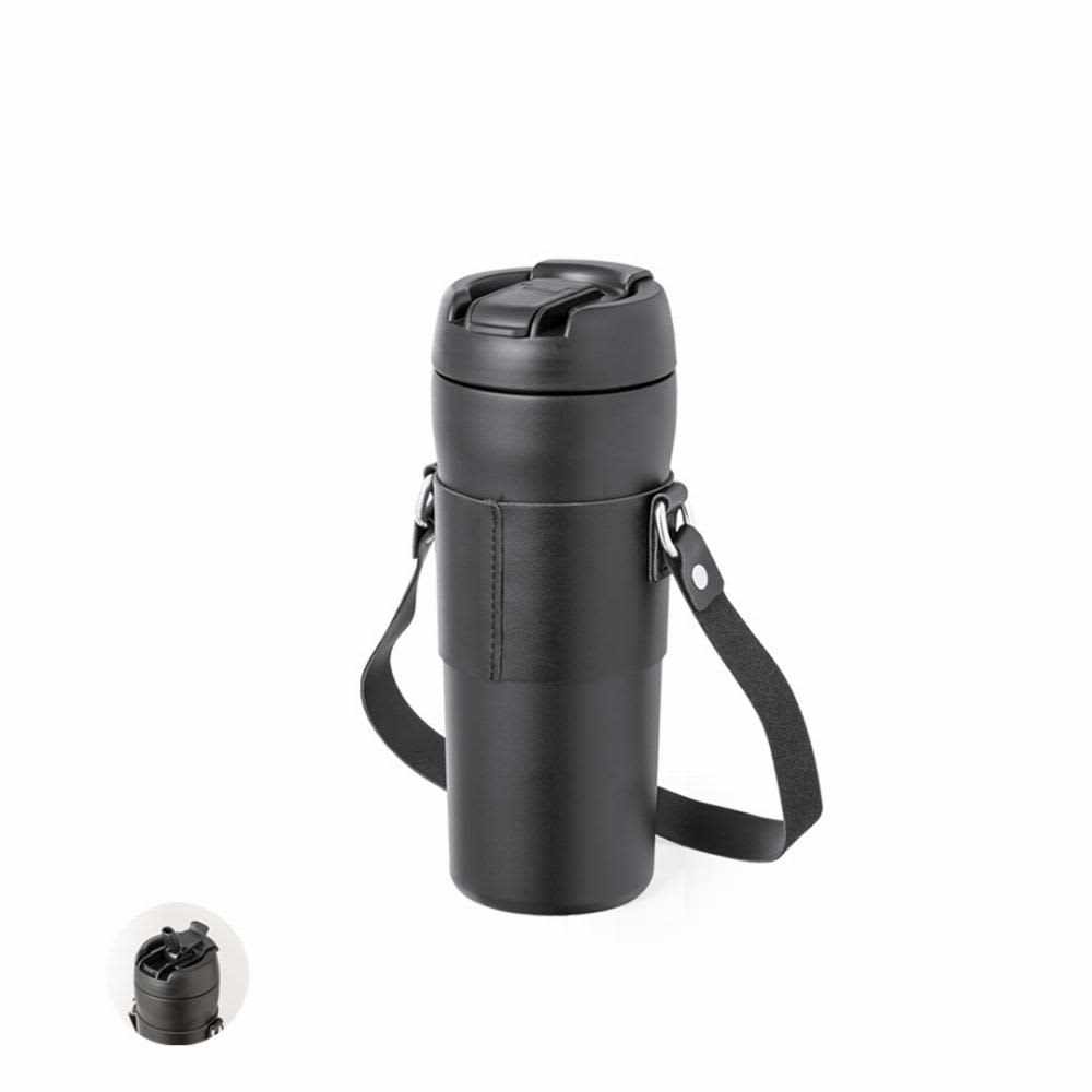 A drink bottle in black with a secure lid and a detachable strap. It features a sleek design and a logo. Matner - Image 1