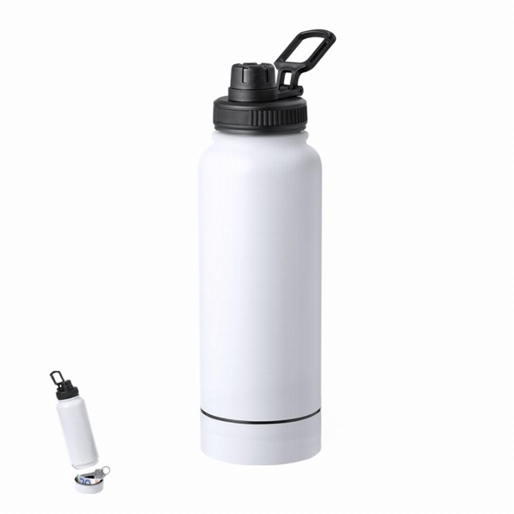 A drink bottle featuring a white body and a black lid, with a black carry handle and a removable base. Wankex - Image 1