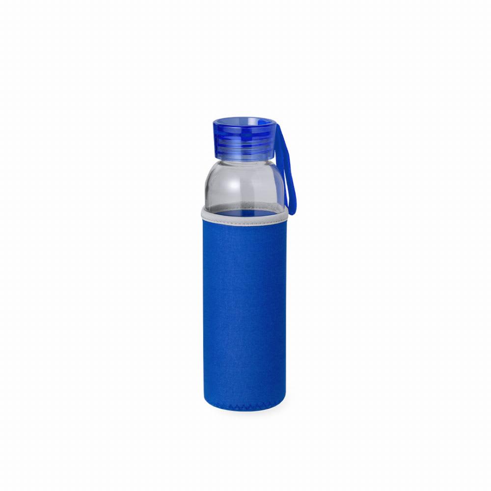 A drink bottle with a clear body and a blue neoprene sleeve, featuring a blue lid and carrying strap. Venen - Image 1