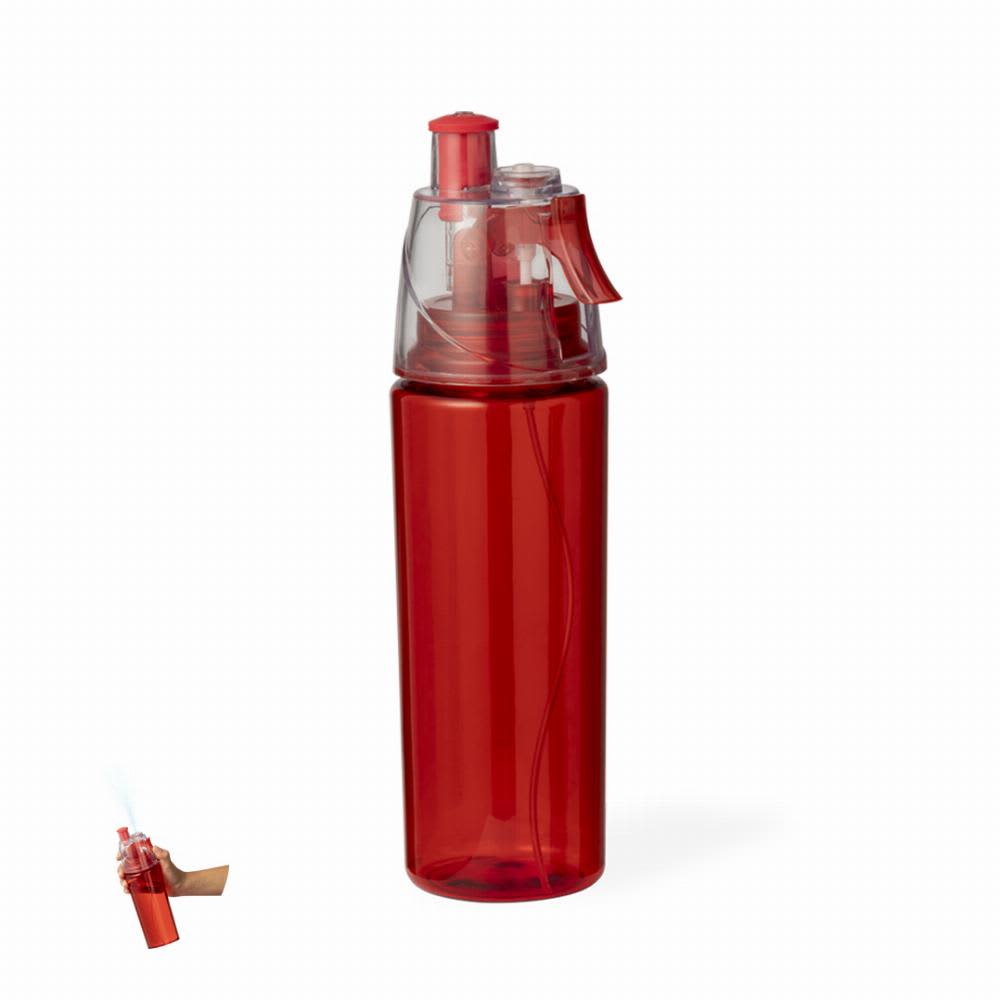 A drink bottle in transparent red with a clear top and a spray nozzle. It features a logo on the side. Fluxi - Image 1