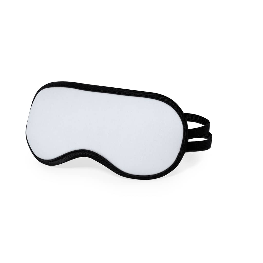 A white travel eye mask with a black border and adjustable straps, featuring a logo. Ranta Sublimation Travel Eye Mask - Image 1
