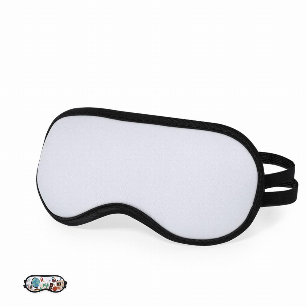 A sleep mask in white with a black strap, featuring a smooth surface and a contoured shape. It has a logo on the bottom. Ranta - Image 1