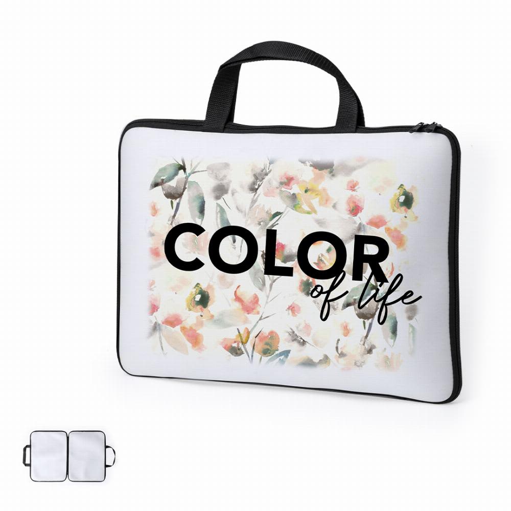A laptop sleeve featuring a floral design in soft colours with a black zip and handle, displaying the phrase "COLOR of life." Lury - Image 1