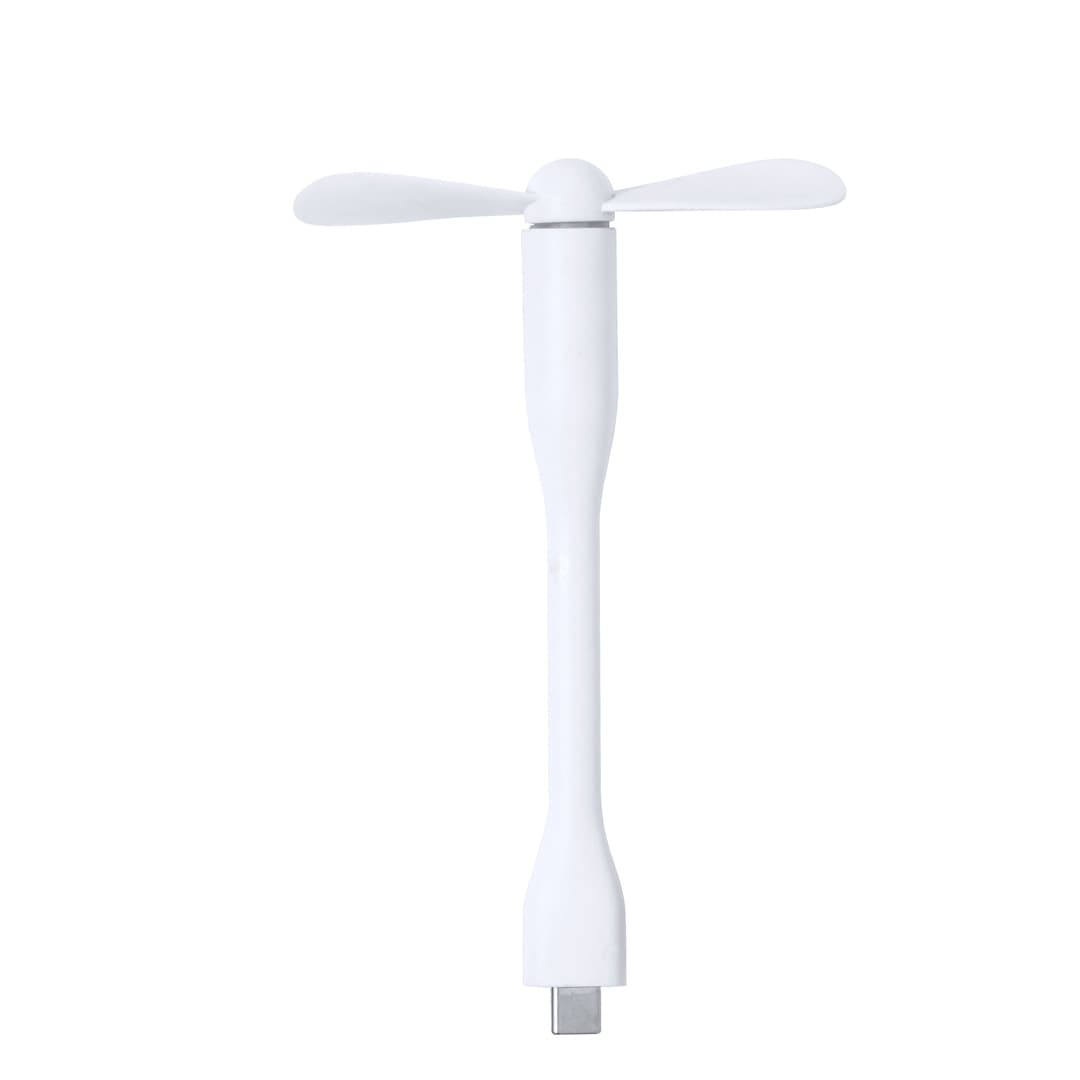 A white mini fan with a USB connection, featuring two small propeller blades. It has a simple, sleek design. Irvinton Fan - Image 1