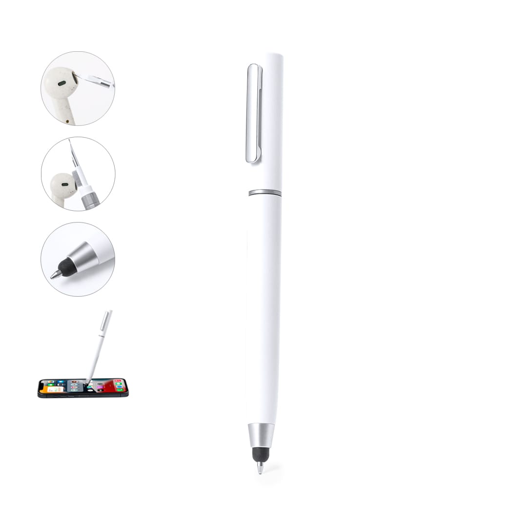 A white pen with a sleek design, featuring a silver clip and a black tip. Includes branding on the barrel. Gobit Cleaner Pen - Image 1
