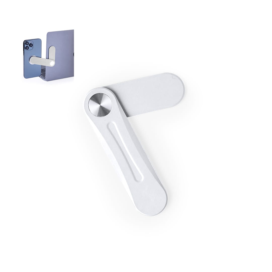 A silver mobile phone holder with a sleek design, featuring a branding logo. Glitzo Holder - Image 1
