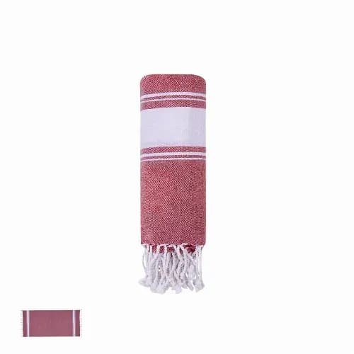 A rolled-up red and white striped towel with fringes at one end and a plain white band in the centre. Botari - Image 1