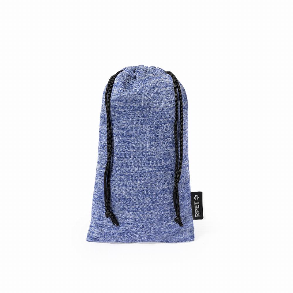 A drawstring bag in a blue speckled fabric, featuring a black tag. Suitable for various uses. Torlax - Image 1