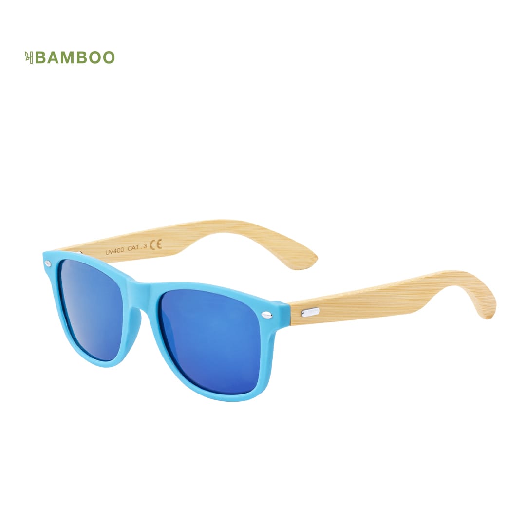 A pair of blue sunglasses with bamboo-style arms and a logo on the side. Ferguson Sunglasses - Image 1