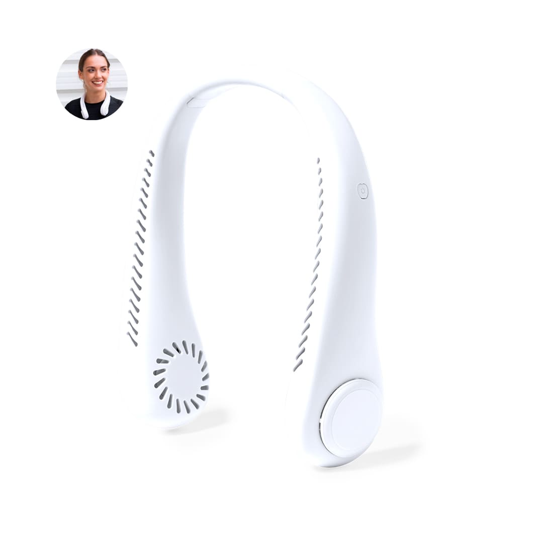 A white wearable neck fan with a circular base and vented design, featuring a small logo. Sherman Fan - Image 1