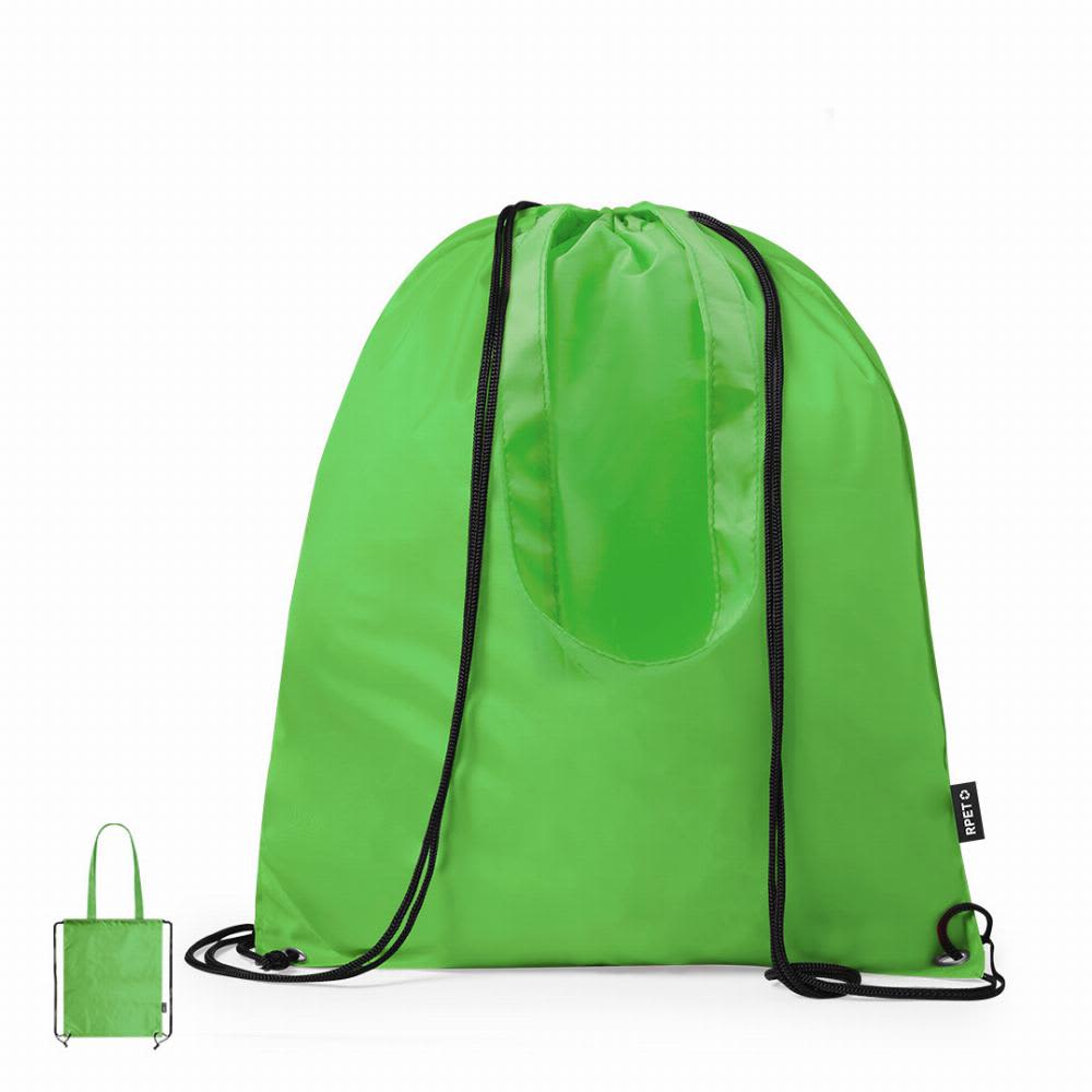 A green drawstring bag with a rounded top and contrasting interior, featuring a logo. Two styles are visible: the bag and a tote. Falyan - Image 1
