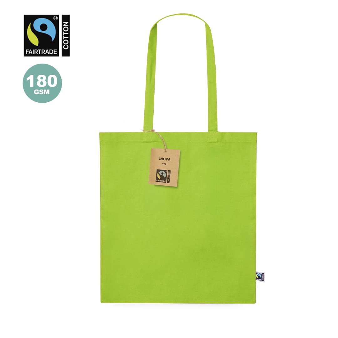 A bright green tote bag made from Fairtrade cotton, featuring a tag and a logo. Inova Fairtrade Bag - Image 1