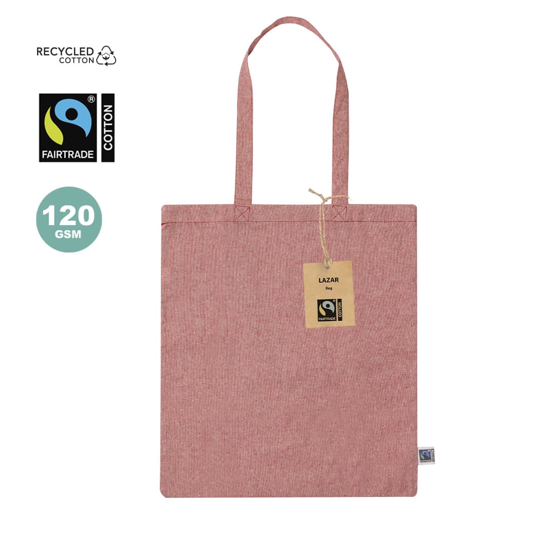 A pink tote bag made of recycled Fairtrade cotton, featuring two handles and a brand tag. Lazar Fairtrade Bag - Image 1