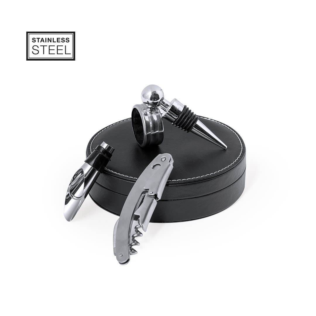 A stainless steel wine set in a black round case, featuring a corkscrew, pourer, and stopper. Albion Wine Set - Image 1