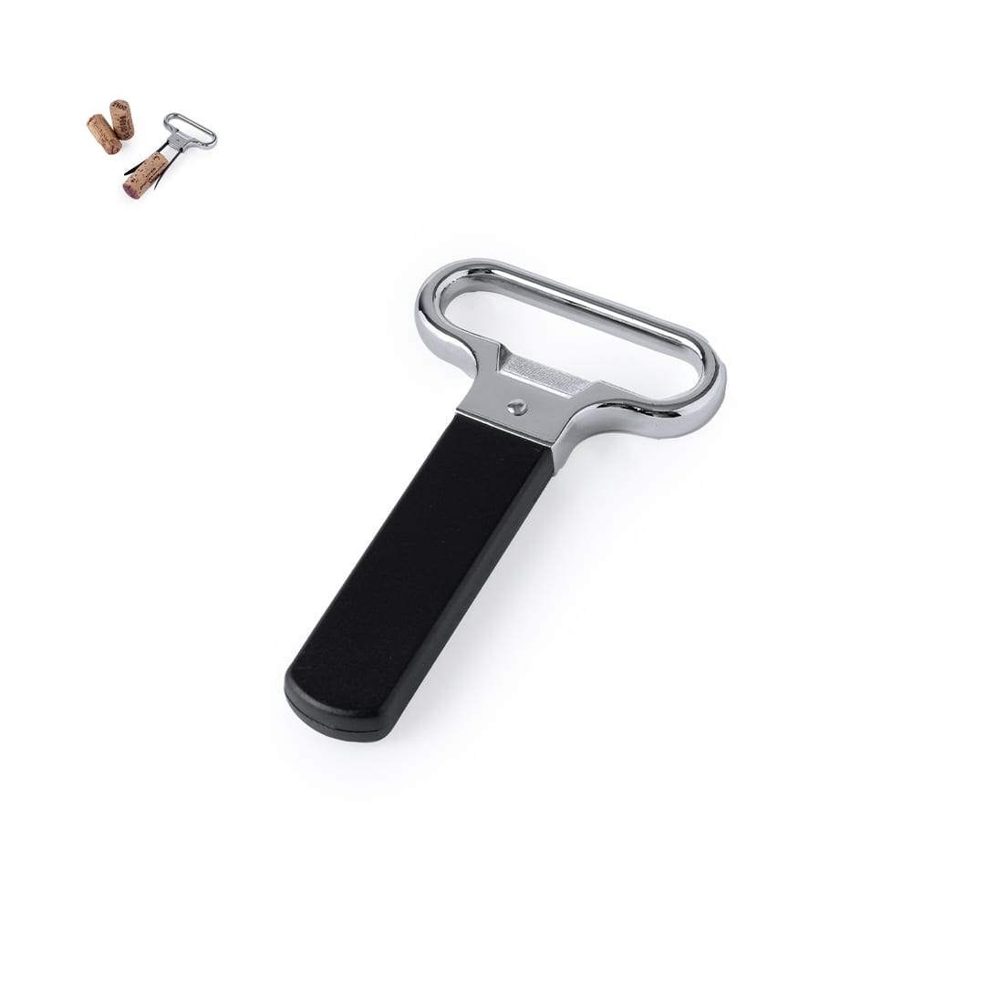 A metal bottle opener with a black handle, featuring a shiny chrome finish, and a sleek design. Zydris Corkscrew - Image 1