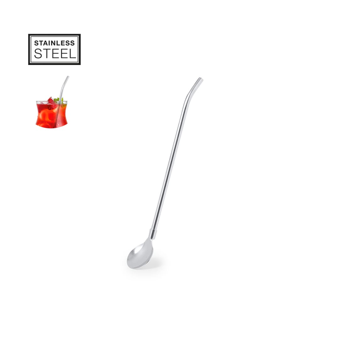 A drink bottle featuring a stainless steel straw with a curved design and a spoon end, reflecting a shiny silver colour. Noro Straw Drink Stirrer - Image 1