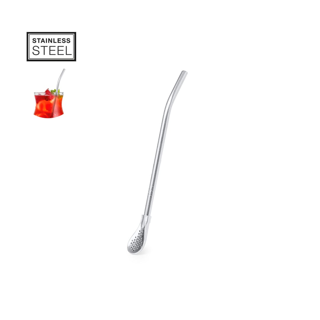 A drink bottle straw made of stainless steel, featuring a long design with a perforated end. Evin Straw Drink Stirrer - Image 1