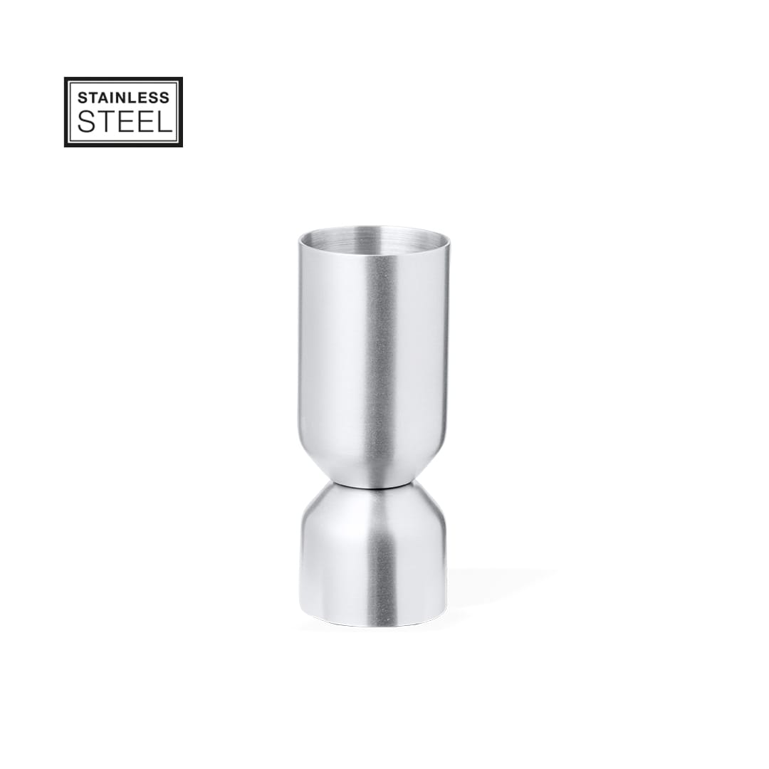 A stainless steel jigger with a sleek, polished finish, featuring a cylindrical top and a tapered base. Zirano Jigger - Image 1