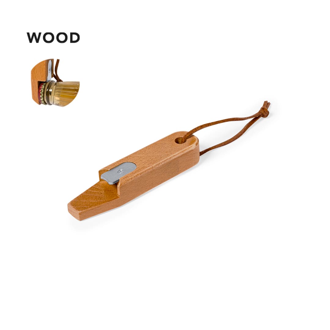 A wooden bottle opener with a leather strap and a metallic opening mechanism. It features a logo on the handle. Cesaris Opener - Image 1