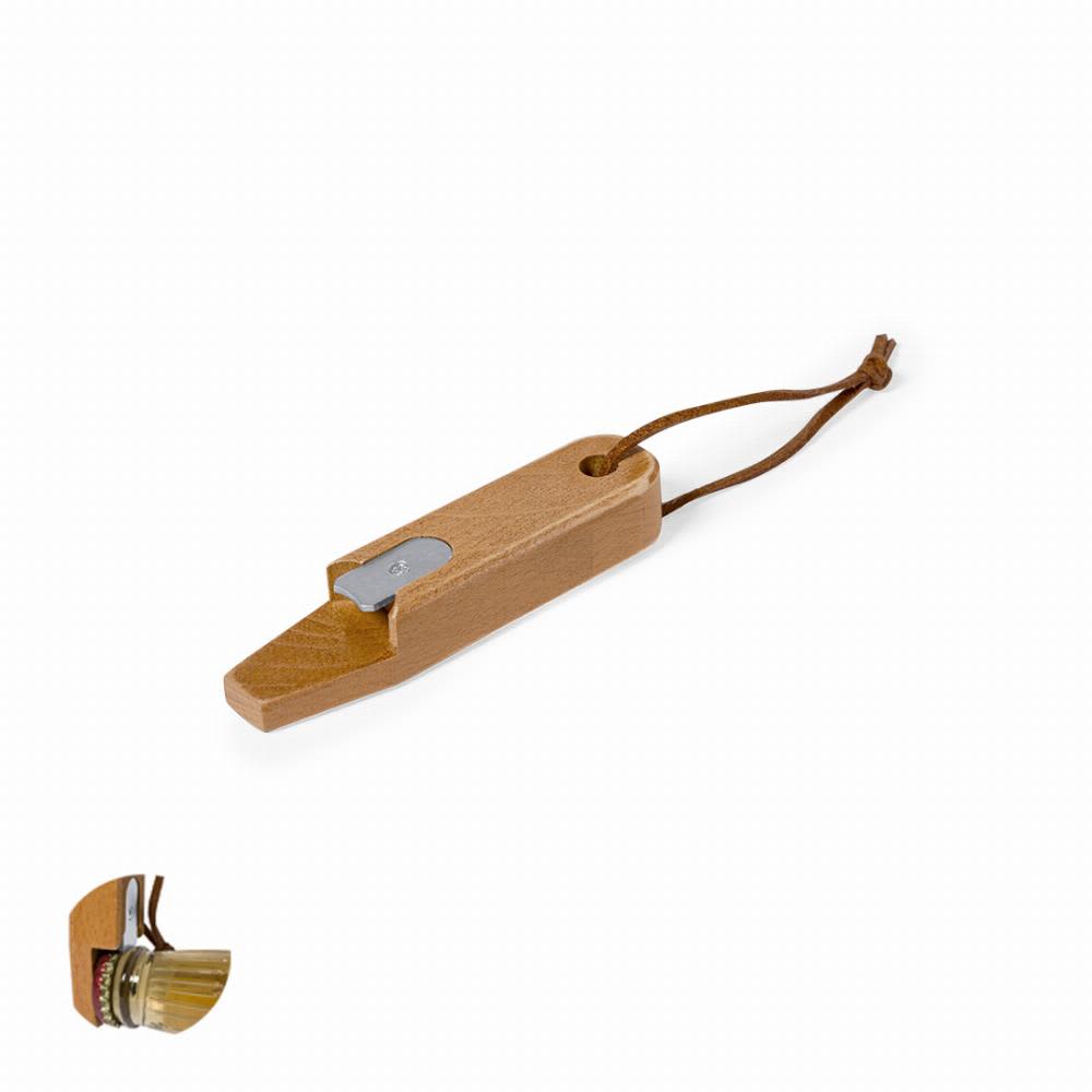 A wooden bottle opener with a metal lever, featuring a leather cord. It has a natural finish. Cesaris - Image 1