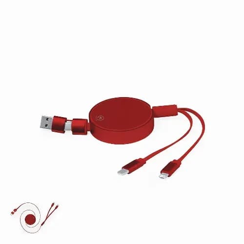 A red retractable charging cable with USB and two different connector ends, featuring a logo. Freud - Image 1