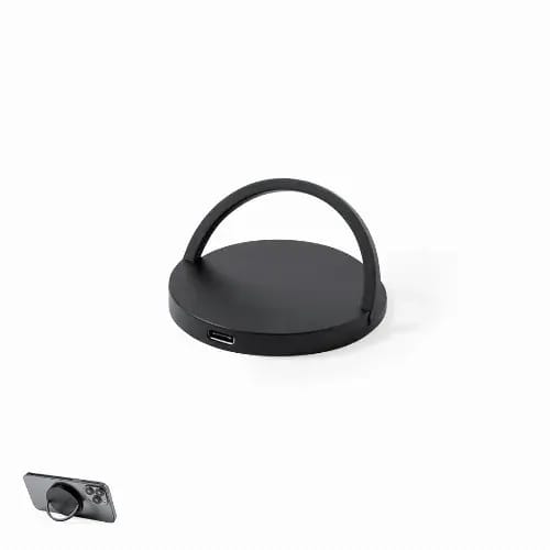 A black phone stand with a handle and a USB-C port, designed for easy phone support and access. Bellmer - Image 1