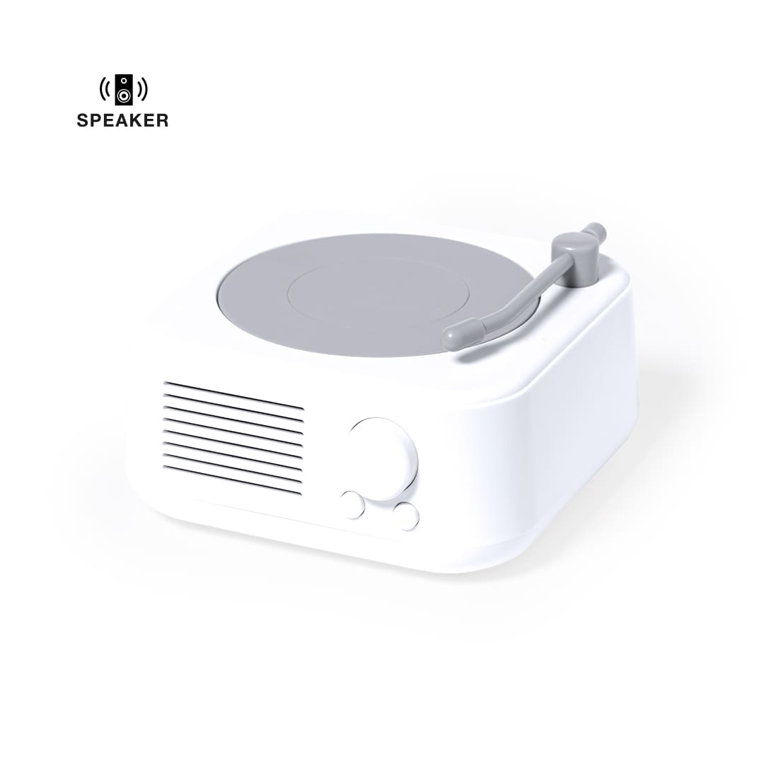 A compact white speaker resembling a turntable, featuring a grey circular top and control knobs. It has a branding logo. Bitels Speaker - Image 1