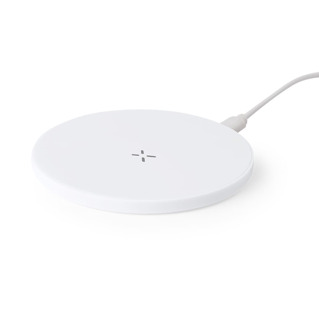 A wireless charger in white with a circular design and a connecting cable. It features a minimalistic logo. Kambel RCS Charger - Image 1