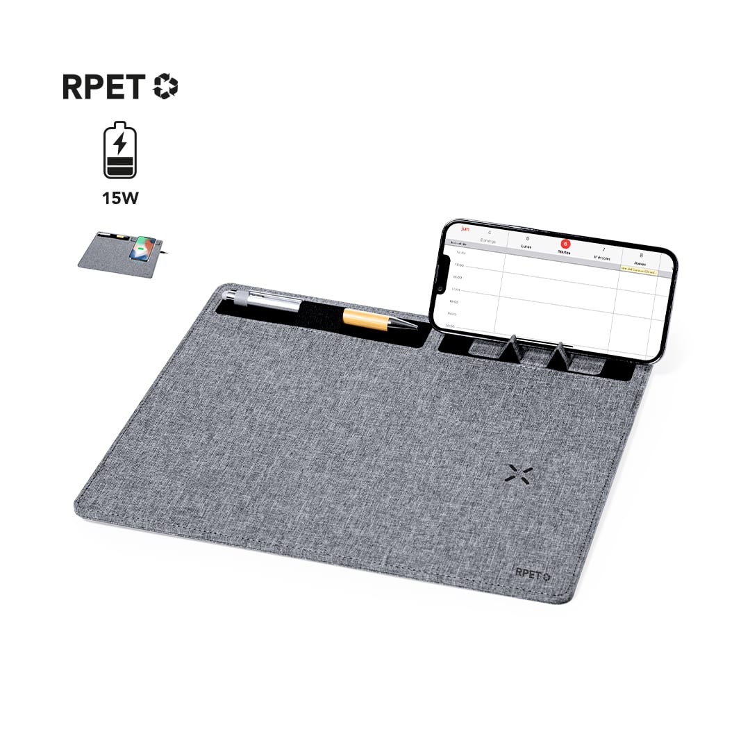 A grey charger mousepad with compartments for a phone, pen, and stationery, featuring a logo. Deuz Charger Mousepad - Image 1