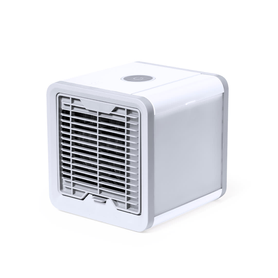 A compact, white mini air conditioner featuring a front grille and a sleek design, with a logo on the top. Janek Mini Air Conditioner - Image 1
