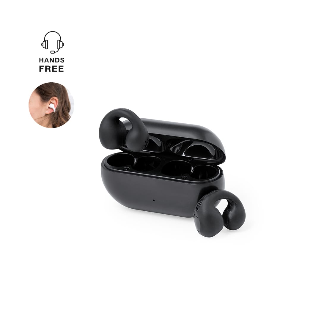 A pair of black earbuds in a matching charging case with a logo. Gemston Earphones Clip - Image 1