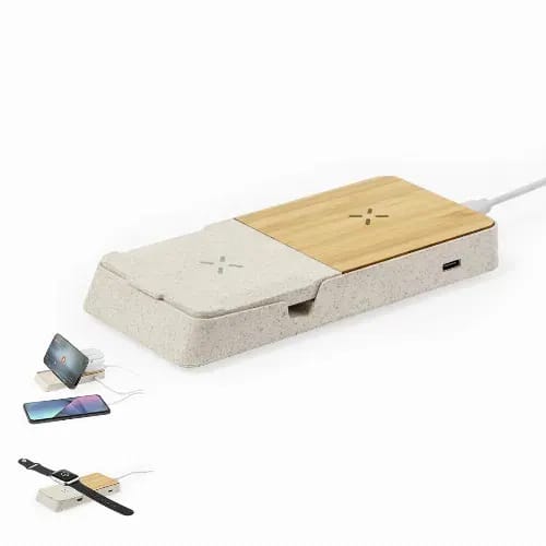 A wireless charging station with a bamboo top and a light grey base, designed for multiple devices. Barichen - Image 1