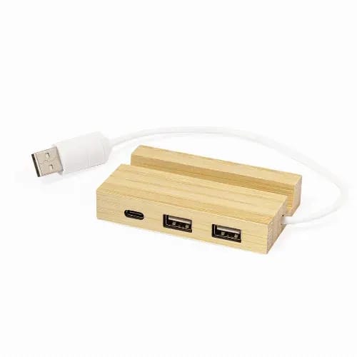 A wooden USB hub with two standard USB ports and one USB-C port, connected by a white cable. Cirzo - Image 1