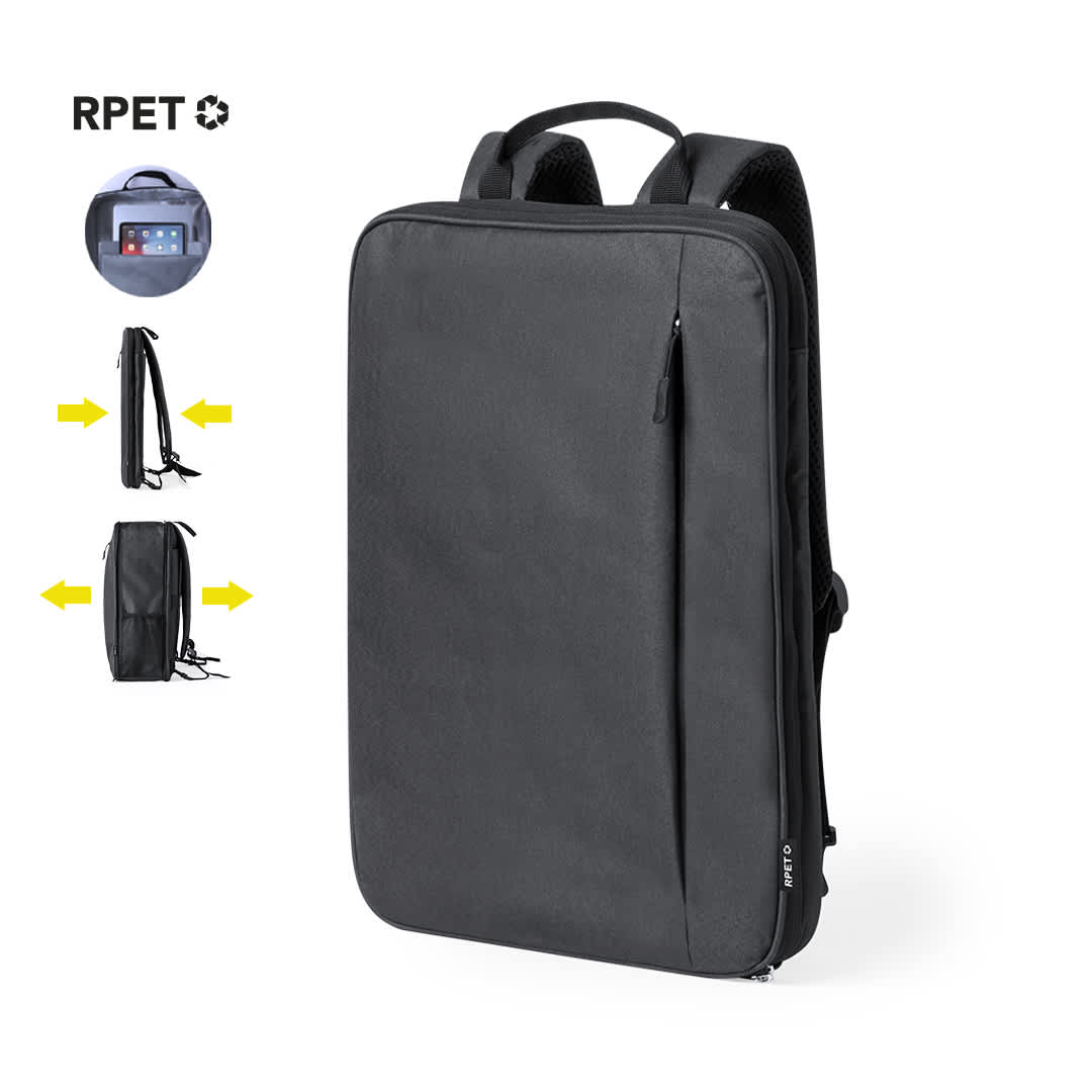 A sleek black backpack with zippers, featuring adjustable straps and a side pocket. Includes a logo on the front. Weiter Backpack - Image 1