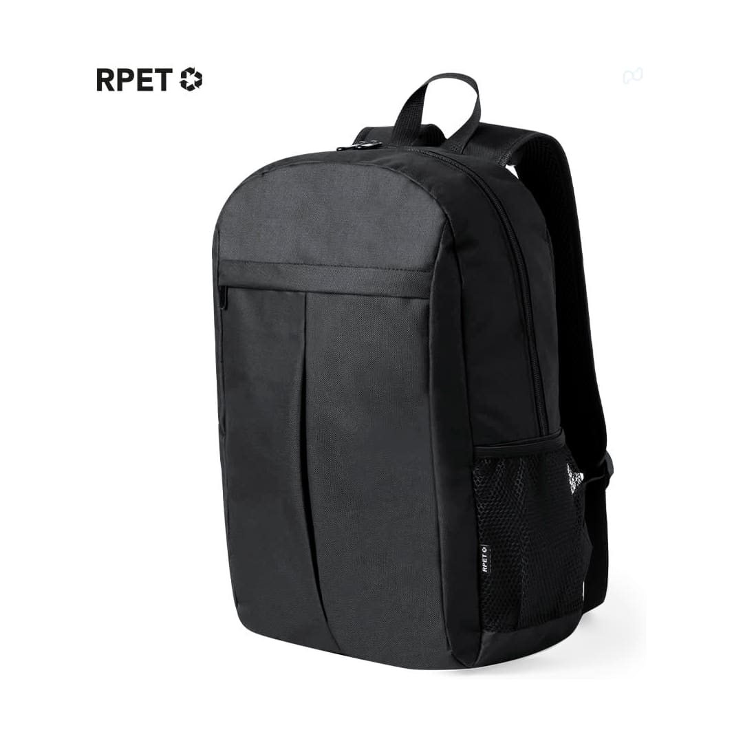 A black backpack with a simple design, featuring a mesh side pocket and a logo. Amurax Backpack - Image 1