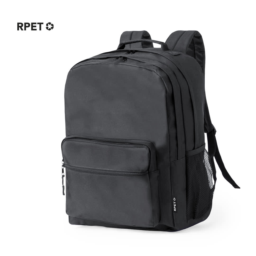 A black backpack with multiple compartments, a front pocket, and a mesh side pocket. It features a logo. Bogart Backpack - Image 1