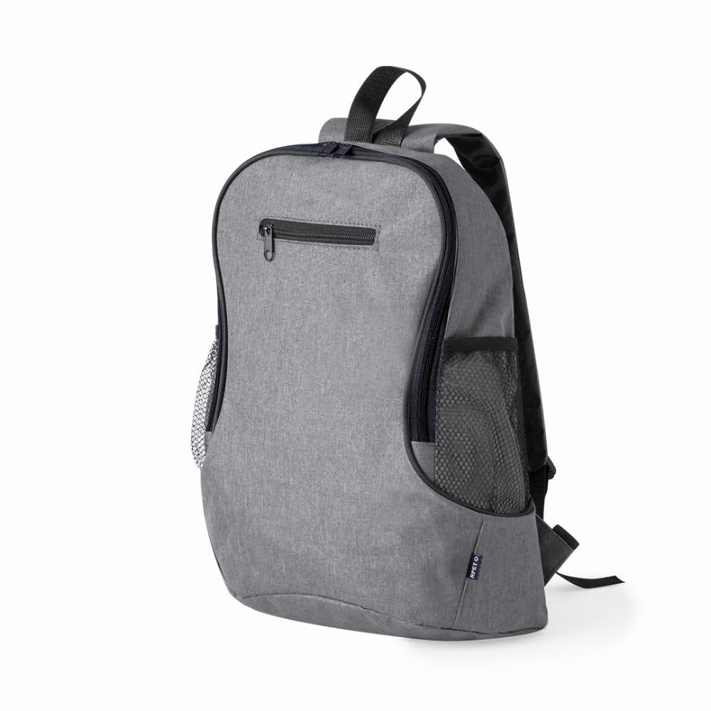 A grey backpack with a front zip pocket and side mesh pockets, featuring a logo on the front. Sergli - Image 1