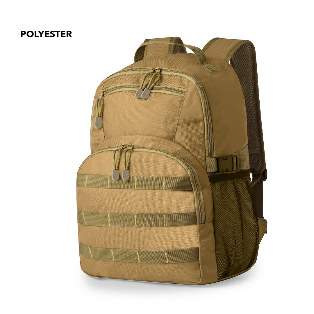 A tan backpack made of polyester with multiple pockets and straps, featuring a logo on the front. Salced Backpack - Image 1