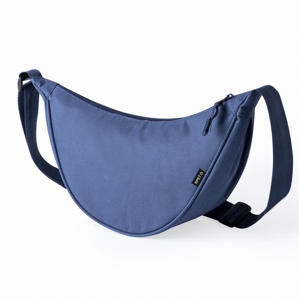 A blue sling bag with a curved design and a strap, featuring a zippered closure and a brand logo. Stiva - Image 1