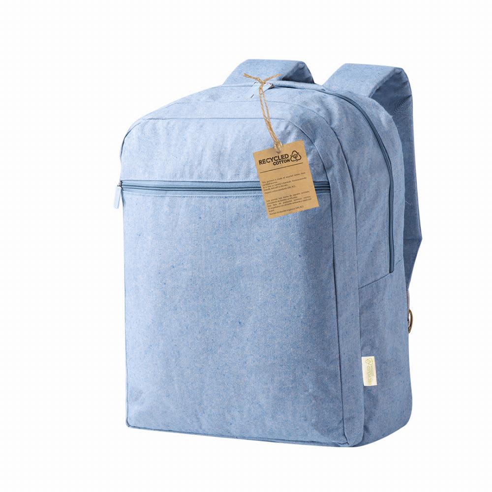 A backpack made of blue recycled material with a zippered compartment and two shoulder straps. Bigail - Image 1