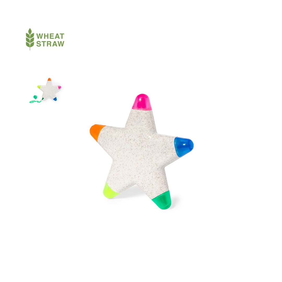 A star-shaped highlighter set featuring pink, orange, green, and blue tips, made from wheat straw material. Pentar Highlighter Set - Image 1
