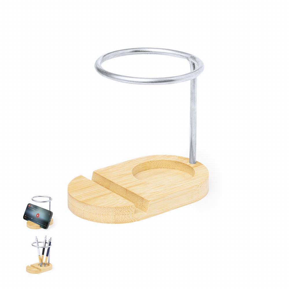 A bamboo desk organiser featuring a metal ring for holding a phone and compartments for pens. Furik - Image 1