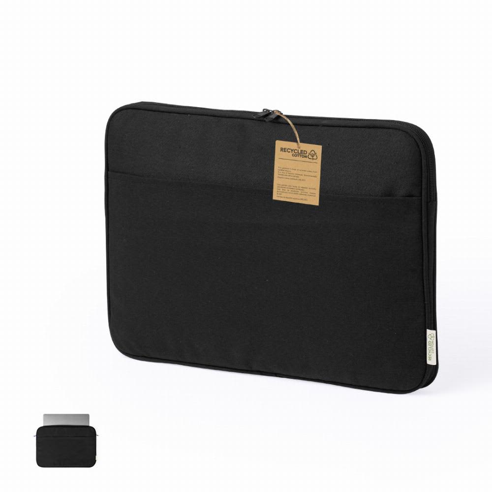 A laptop sleeve in black fabric with a zipper and a tag attached, featuring a minimalist design. Albarn - Image 1