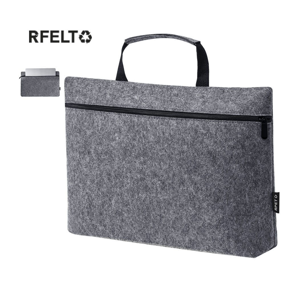 A grey felt compendium with a zip closure and a handle, featuring a branding logo. Rickey Document Bag - Image 1