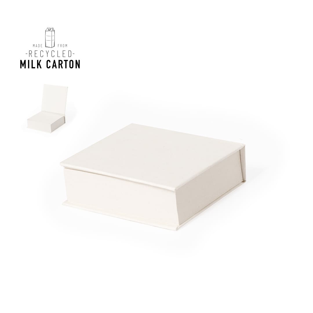 A square white notepad with a hinged cover, made from recycled materials, featuring a small branding logo. Vidmar Notepad - Image 1