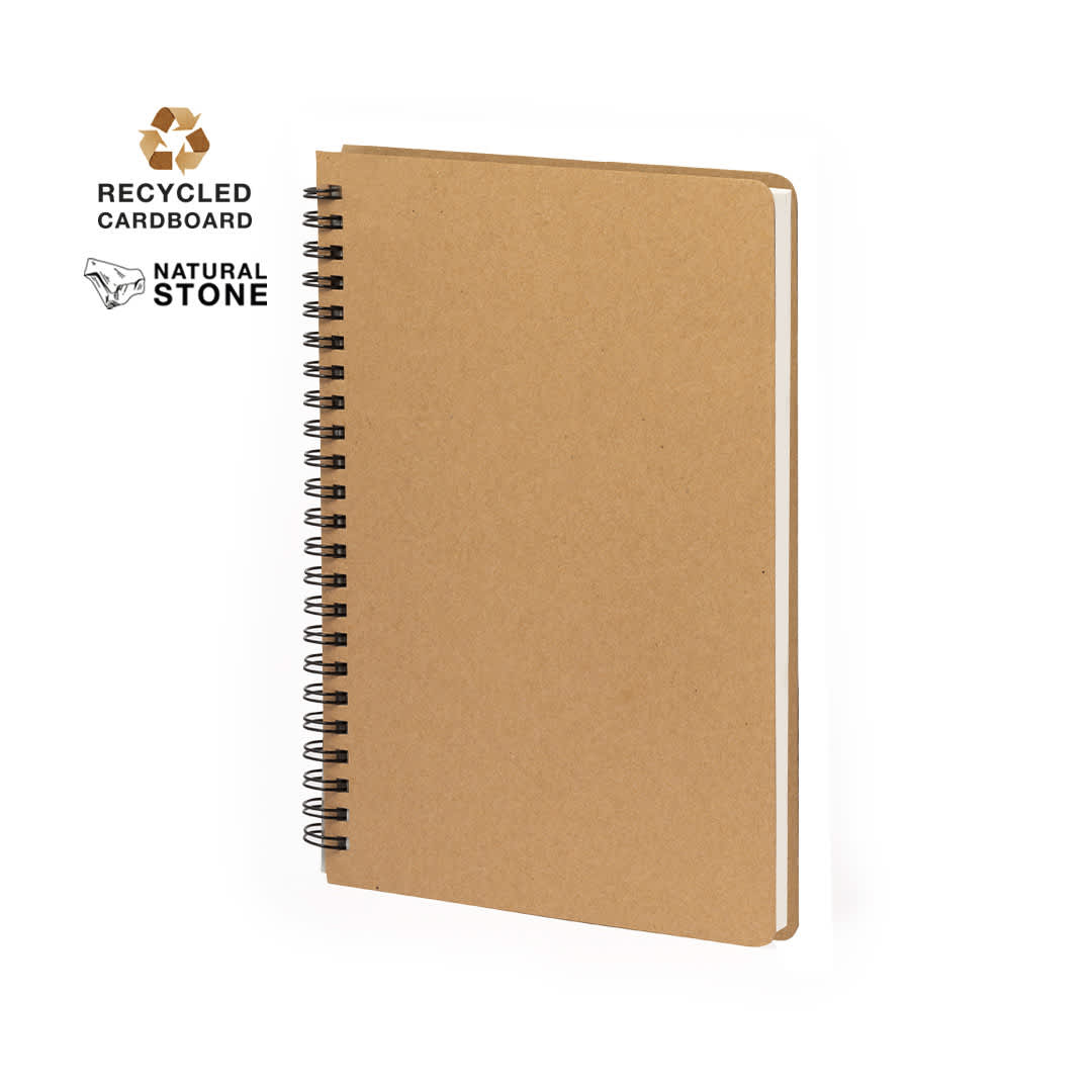 A notebook featuring a natural stone look, with a recycled cardboard cover and black spiral binding. Kenta Notebook - Image 1