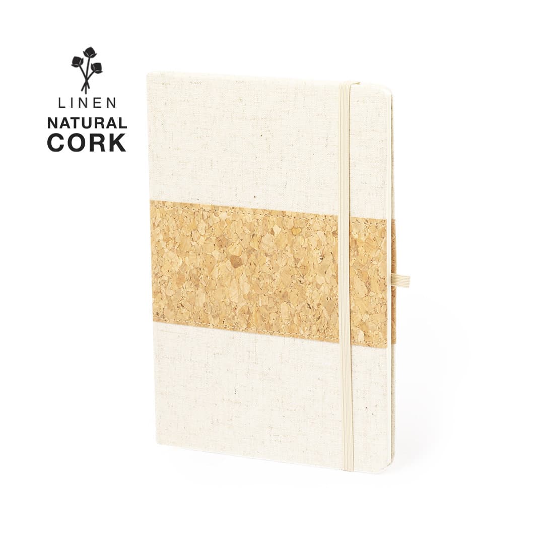 A notepad with a textured linen cover and a natural cork stripe, featuring an elastic band closure. Yacard Notepad - Image 1