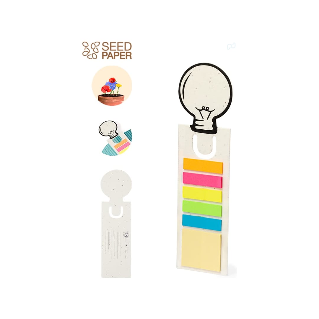 A seed paper bookmark featuring a light bulb design with colourful sticky notes in neon pink, yellow, blue, and green. Kich Seeds Bookmark - Image 1